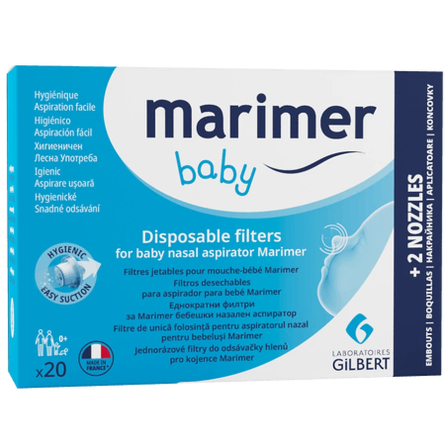 Filtres pour aspirateur nasal, 20 filtres + 2 embouts nasaux, Marimer Baby