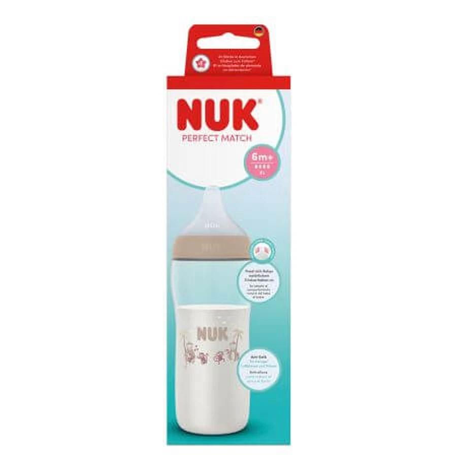 Biberon Perfect Match XL-Flow con tettarella in silicone, beige, dai 6 mesi in su, 360 ml, Nuk