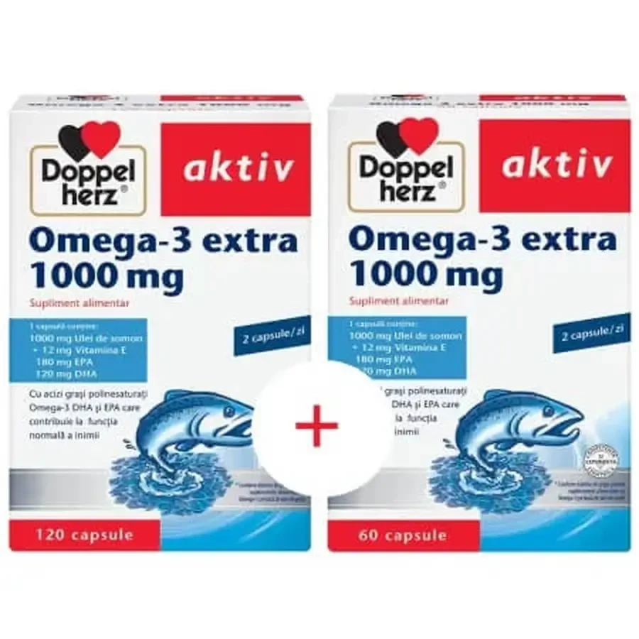 Voordelige verpakking: 2 x Doppelherz Aktiv Omega 3 Extra 1000 mg x 120 capsules + 60 capsules