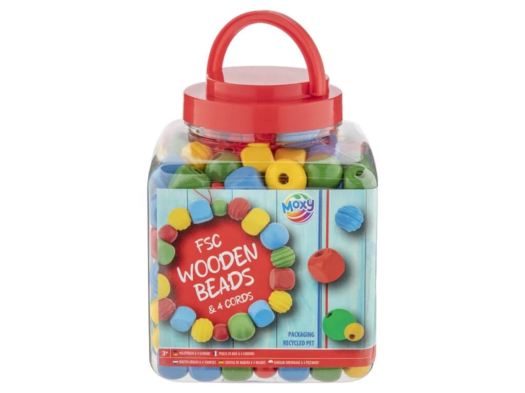 Creatieve set, houten kralen in een emmertje, rood