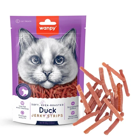 WANPY Soft Jerky Strips, Rață, punguță recompense pisici, 80g