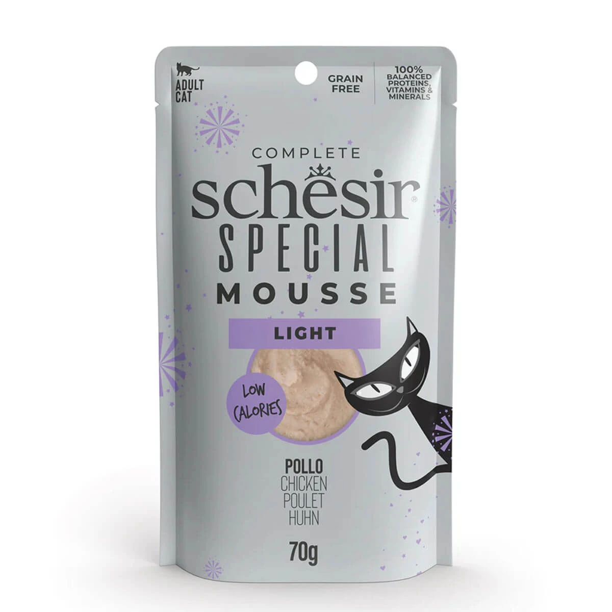 SCHESIR Special Light, Kip, graanvrij natvoer voor katten in zakjes, voor katten met overgewicht, (mousse), 70 g