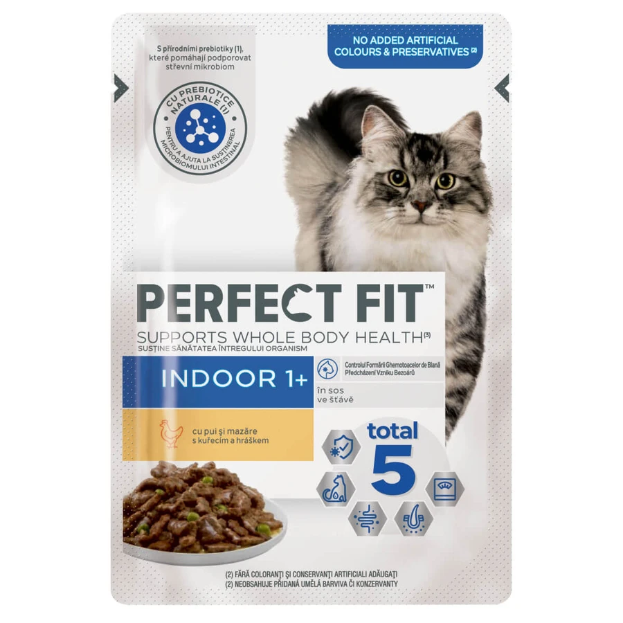 PERFECT FIT Cat Indoor 1+, Pollo, comida húmeda para gatos en bolsita (en salsa), 85 g