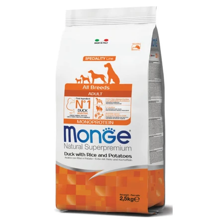 MONGE Natural Superpremium Monoprotein, XS–XL, kaczka i ryż, sucha karma dla psów, 2,5 kg: ceny i cechy