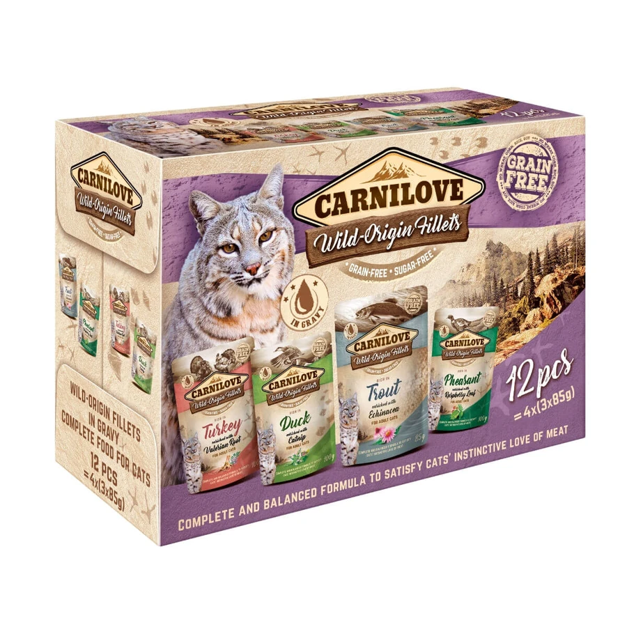 CARNILOVE Multipack, 4 smaken, gemengd pakket, graanvrije natte kattenvoeding in zakjes (in saus), 85 g x 12
