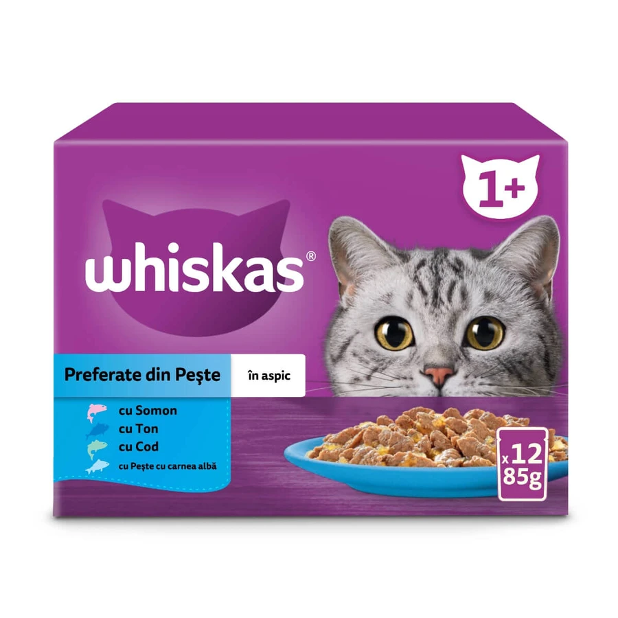 WHISKAS Selections, Pescado, Comida húmeda para gatos en bolsitas (en gelatina), paquete múltiple, 85 g x 12