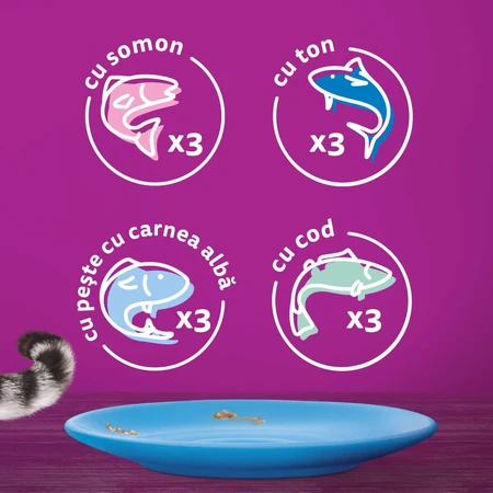 WHISKAS Selections, Pescado, Comida húmeda para gatos en bolsitas (en gelatina), paquete múltiple, 85 g x 12