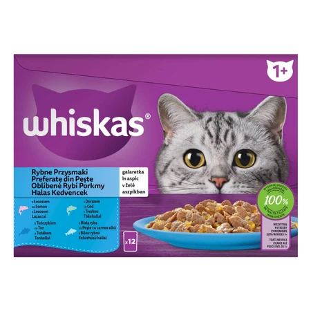 WHISKAS Selections, Pescado, Comida húmeda para gatos en bolsitas (en gelatina), paquete múltiple, 85 g x 12