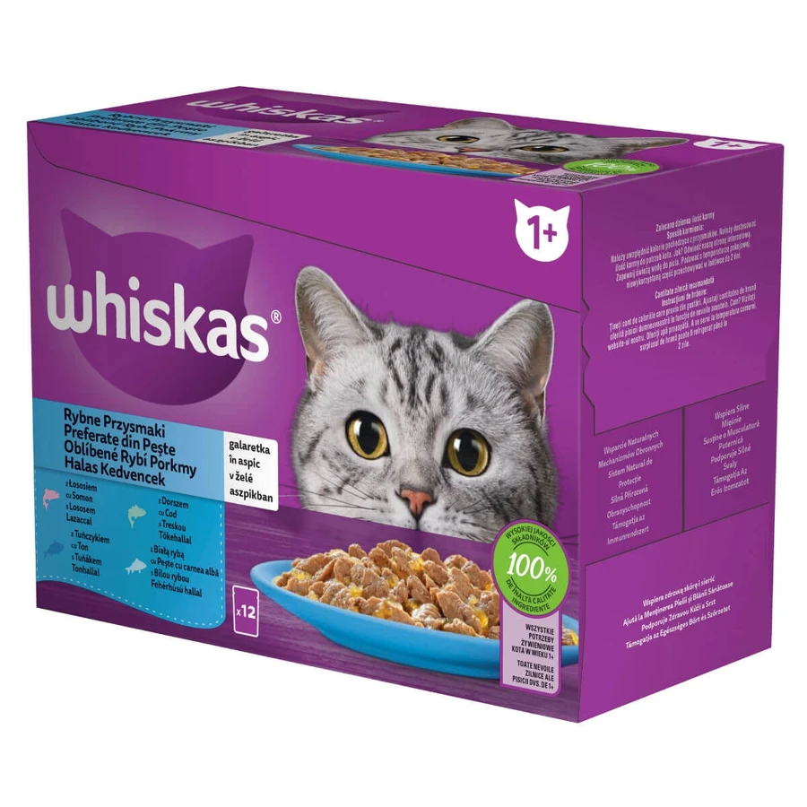 WHISKAS Selections, Pescado, Comida húmeda para gatos en bolsitas (en gelatina), paquete múltiple, 85 g x 12