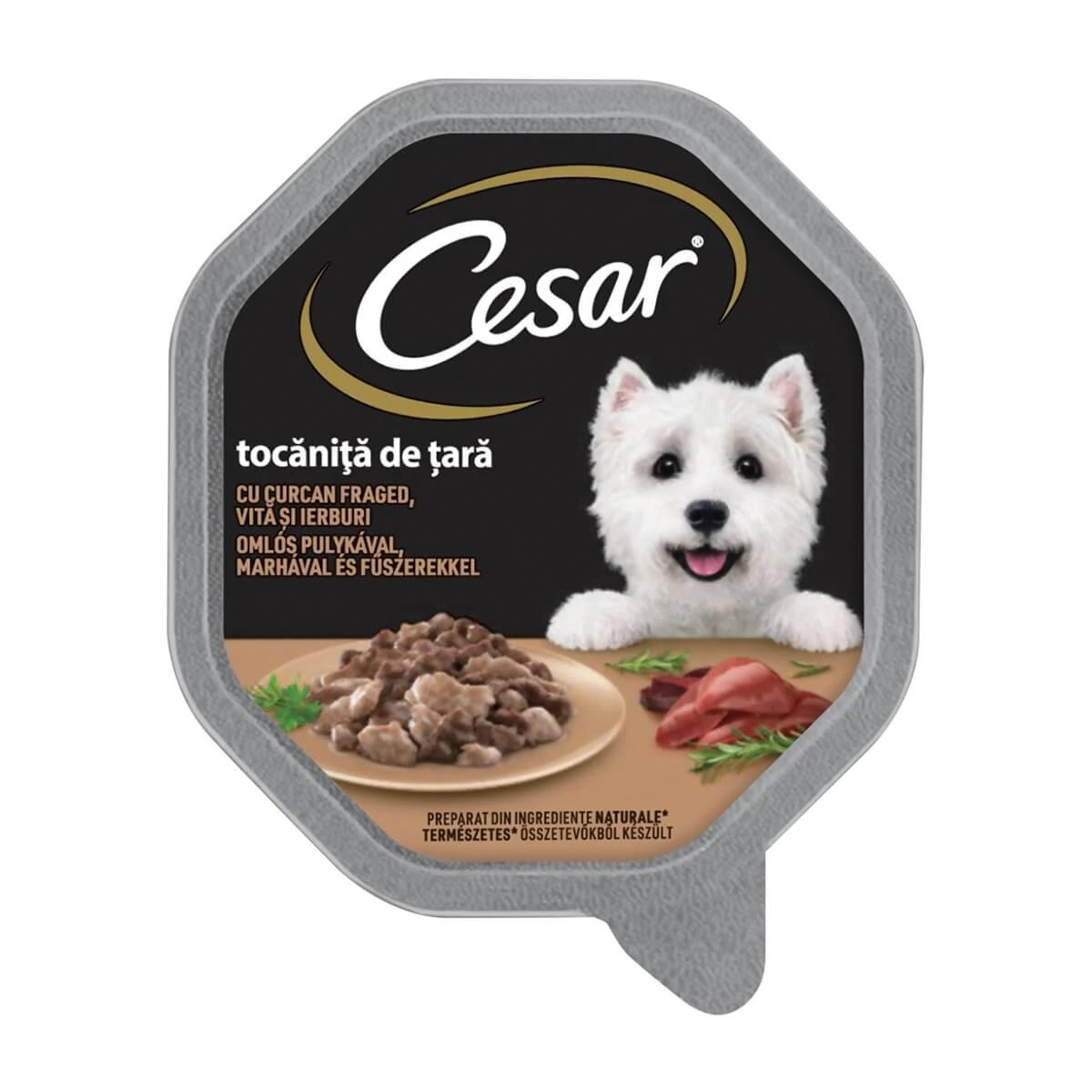 CESAR Country-Style Stoofpotje, kalkoen, rundvlees en kruiden, nat hondenvoer in een bakje (in eigen sappen), 150 g
