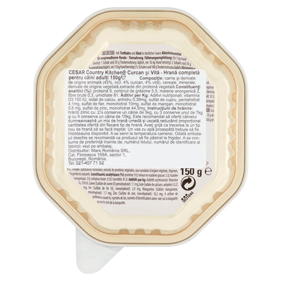 CESAR Country-Style Stoofpotje, kalkoen, rundvlees en kruiden, nat hondenvoer in een bakje (in eigen sappen), 150 g