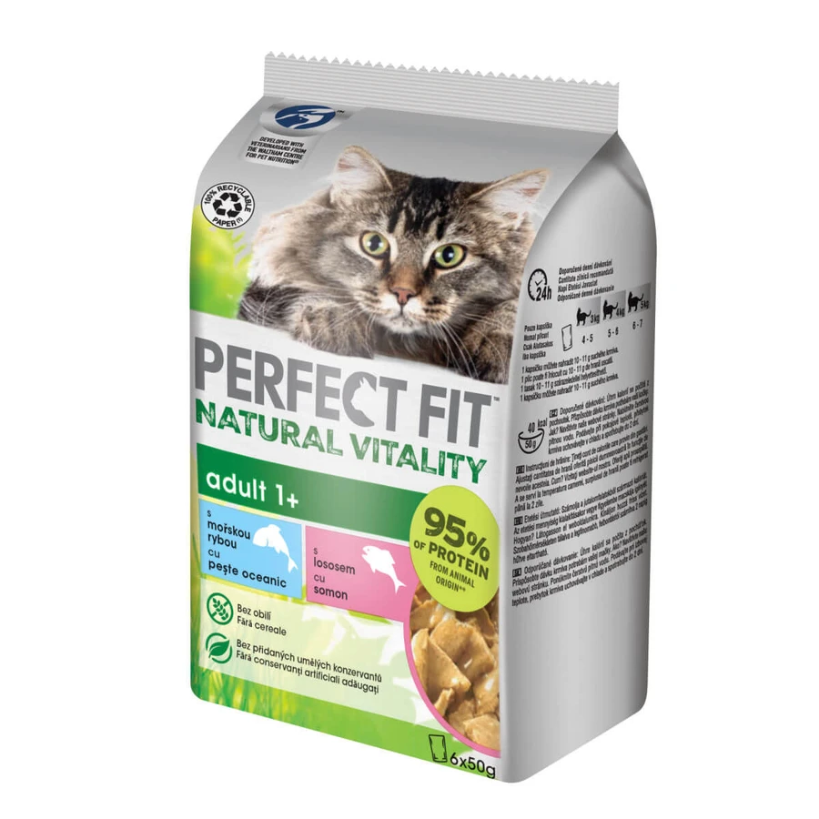 PERFECT FIT Natural Vitality, Zalm en vis, graanvrije natte kattenvoeding in zakjes (in saus), multipack, 50 g x 6