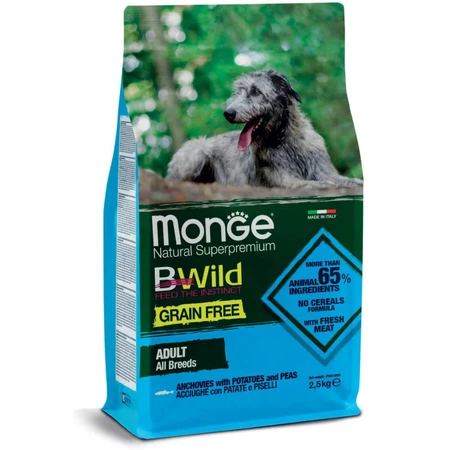 MONGE BWild, XS-XL, ansjovis en aardappelen, graanvrije droogvoeding voor honden, 2,5 kg