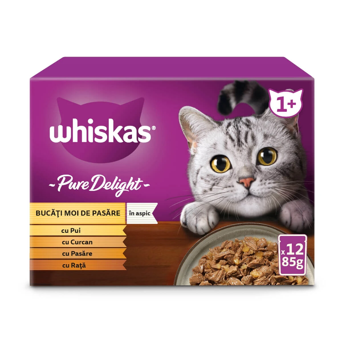 WHISKAS Pure Delight, Gevogelte, nat kattenvoer in zakjes (in aspic), multipack, 85 g x 12