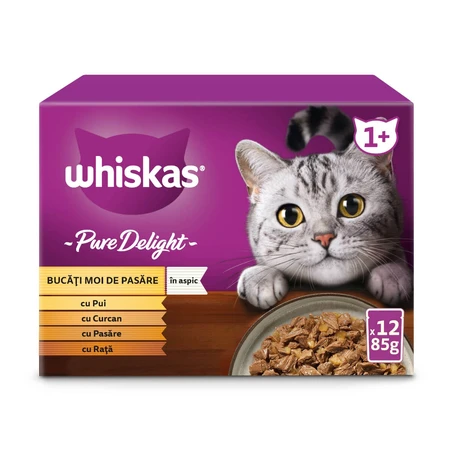 WHISKAS Pure Delight, Gevogelte, nat kattenvoer in zakjes (in aspic), multipack, 85 g x 12