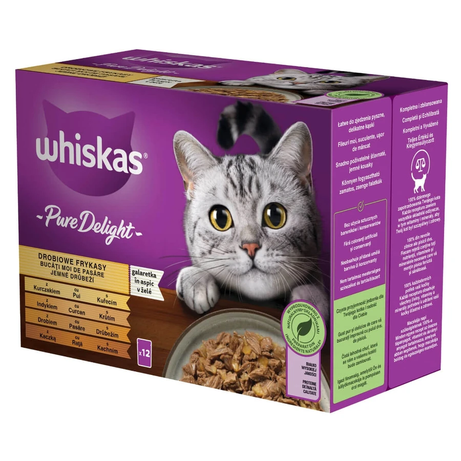 WHISKAS Pure Delight, Gevogelte, nat kattenvoer in zakjes (in aspic), multipack, 85 g x 12