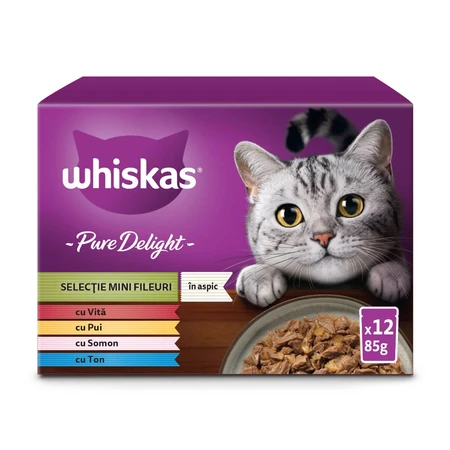 WHISKAS Pure Delight Mixed Selection, rundvlees, kip, zalm en tonijn, nat kattenvoer in zakjes (in aspic), multipack, 85 g x 12