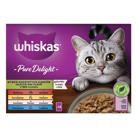 WHISKAS Pure Delight Mixed Selection, rundvlees, kip, zalm en tonijn, nat kattenvoer in zakjes (in aspic), multipack, 85 g x 12