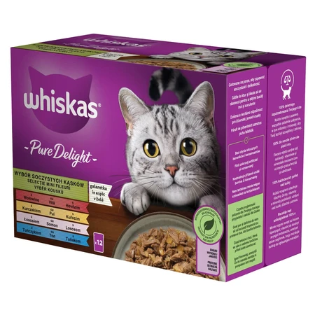 WHISKAS Pure Delight Mixed Selection, rundvlees, kip, zalm en tonijn, nat kattenvoer in zakjes (in aspic), multipack, 85 g x 12