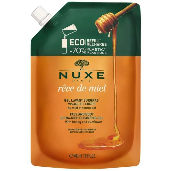 NUXE Reve De Miel Rijke Reinigingsgel voor lichaam en gezicht, voor de droge en gevoelige huid, navulling, 400 ml
