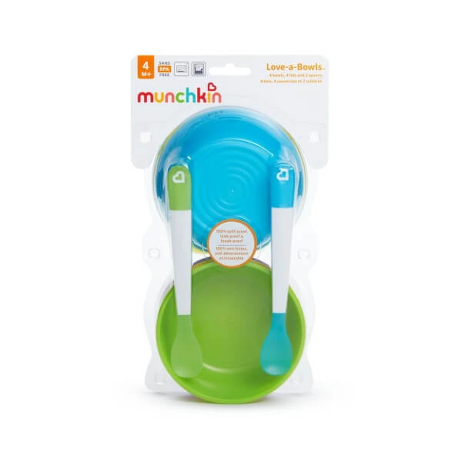 Munchkin | Love-a-Bowls: 4 Schalen mit Deckel und 2 Löffel, ab 4 Monaten | 4-teiliges Set