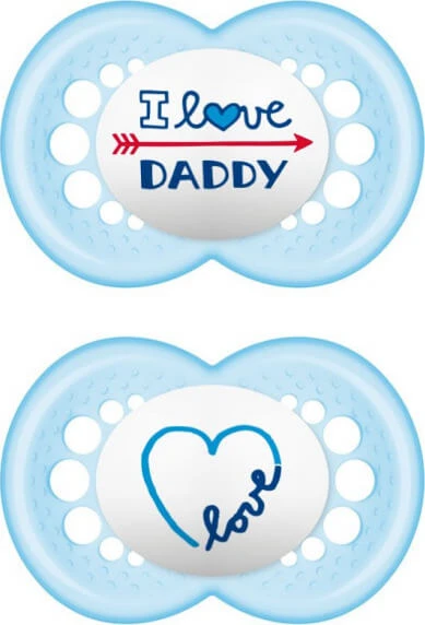 Mam | I Love Mummy & Daddy | Siliconenfopspeen voor kinderen vanaf 16 maanden | Blauw | Set van 2