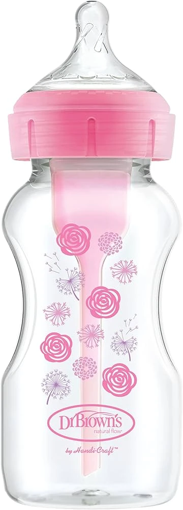 Dr. Brown's | Options+ plastic babyfles met brede hals en antikoliekfunctie, met siliconen speen, 270 ml, vanaf 0 maanden, roze bloemen | 1 stuk