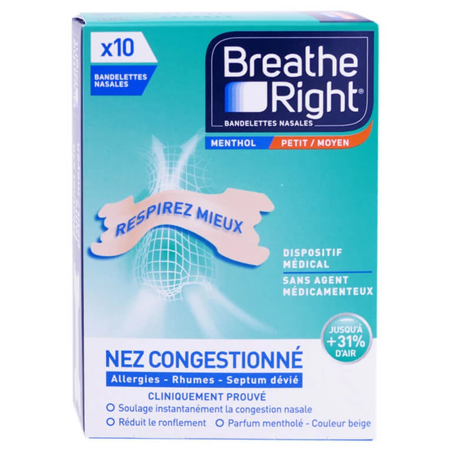 BREATHE RIGHT MENTHOL NASAL STRIPS, PACK OF 10, SMALL/MEDIUM