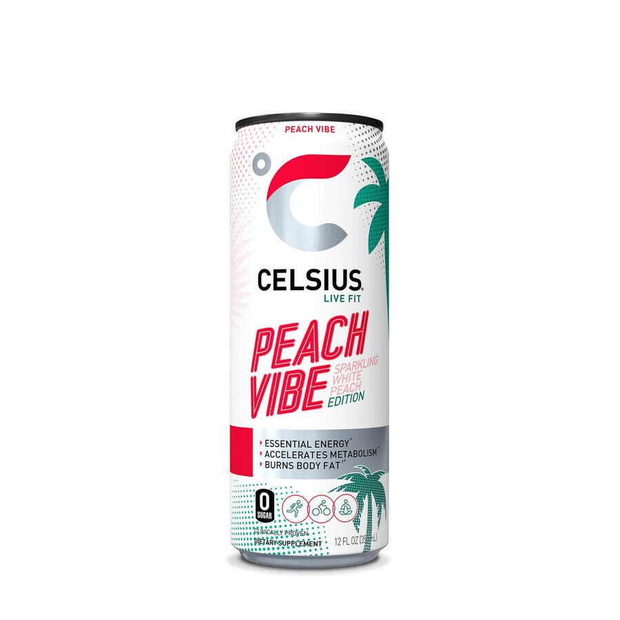 Celsius Energy Drink Peach Vibe, koolzuurhoudende energiedrank met perzikaroma, 355 ml