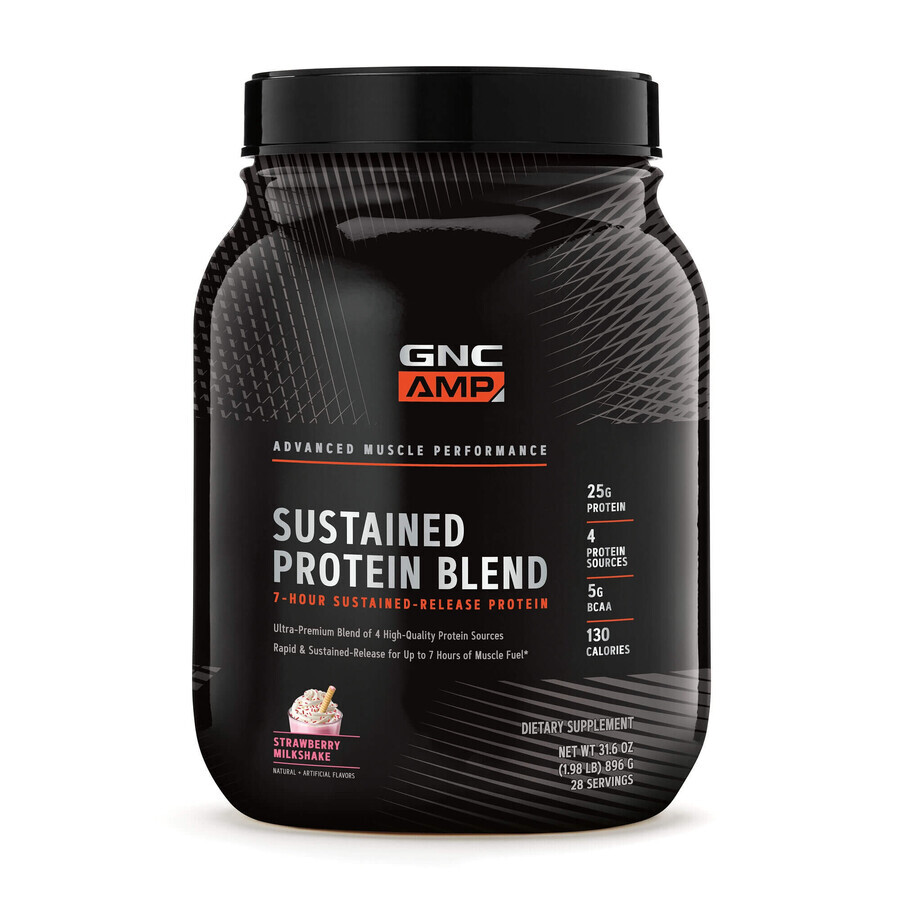 Gnc Amp Sustained Protein Blend, Mezcla de proteínas con sabor a batido de fresa, 896 G