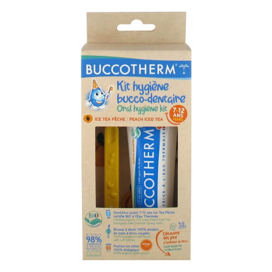 KIT DE HIGIENE ORAL Y DENTAL BUCCOTHERM PARA NIÑOS DE 7 A 12 AÑOS, ECOLÓGICO, SABOR A TÉ DE MELOCOTÓN CON HIELO