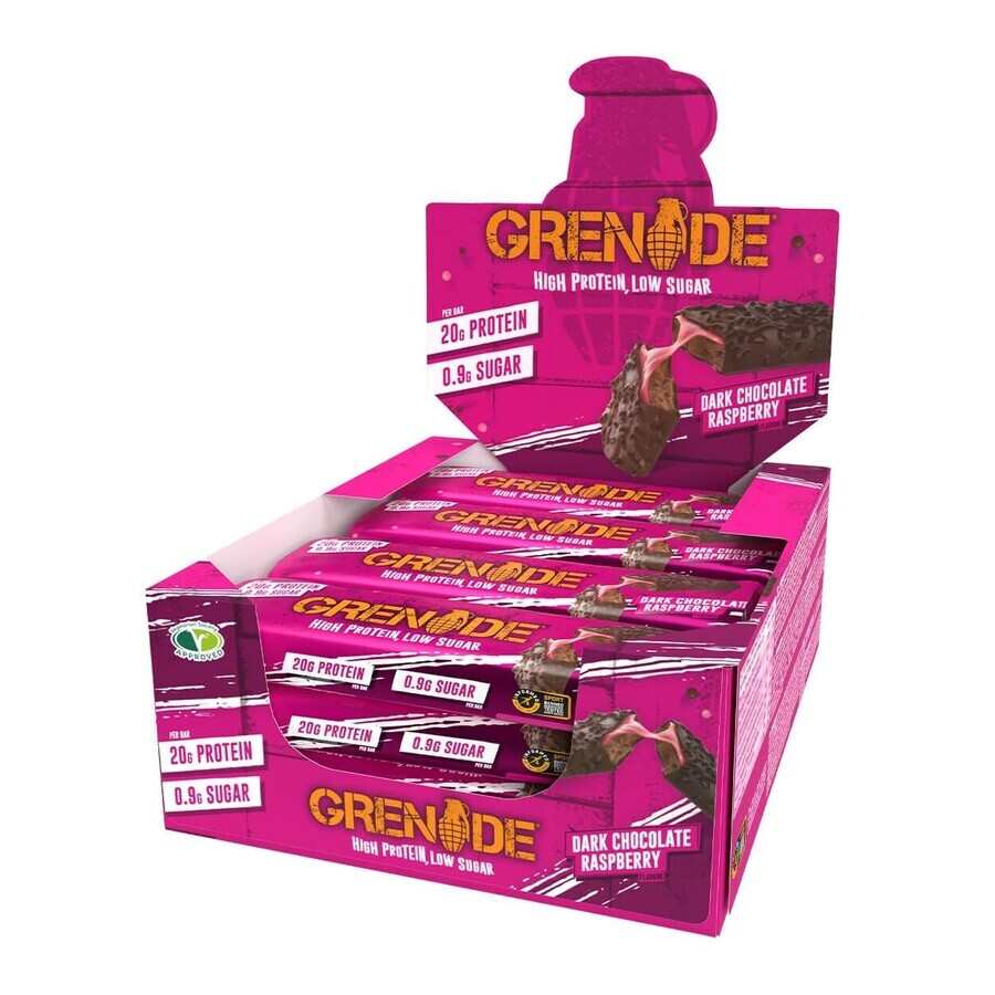 Barretta al cioccolato fondente e lampone Grenade ad alto contenuto proteico e a basso contenuto di zuccheri, barretta proteica al gusto di cioccolato fondente e lampone, 60 g