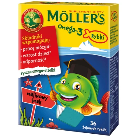 Bastoncini di pesce agli omega-3 al gusto di lampone, 36 pezzi + ai gusti limone e arancia, 36 pezzi, Mollers