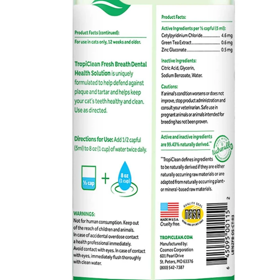TropiClean – dodatek do wody do higieny jamy ustnej dla kotów, 473 ml: ceny i cechy