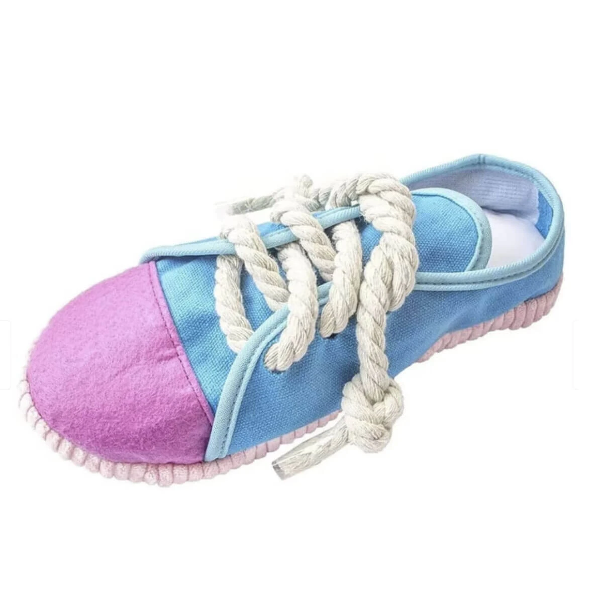 SHAW Schoen, kauwspeeltje voor honden XS-M, voor tandjes, met geluid, van stof, blauw en roze, 24 x 10 x 8 cm, 1 stuk