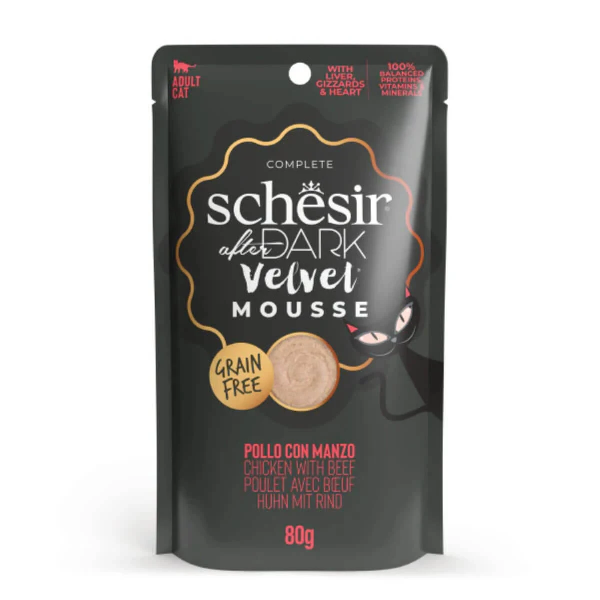 SCHESIR After Dark Velvet Mousse, kip en rundvlees, graanvrije natte kattenvoeding in zakjes (mousse), 80 g