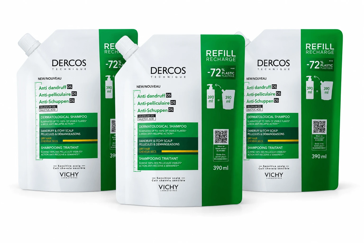 Vichy Dercos Anti-Roos Behandelingsshampoo DS voor droog haar Eco-Refill 3x390 ml