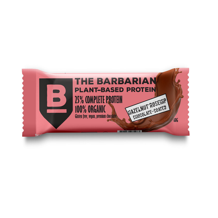 Organic protein bar wrapped in chocolate with hazelnuts and macaroons, 68 gr, The Barbarian