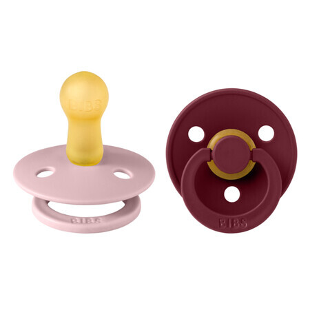 Set van 2 gekleurde Latex Ronde Fopspenen, +6 maanden, Pink Plum - Eldeberry, Slabbetjes