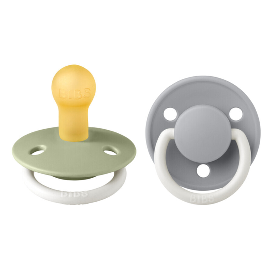 Set van 2 fosforescerende fopspenen met universele ronde latex speen De Lux Glow, +0 maanden, Sage - Cloud, Slabbetjes