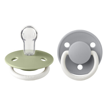 Set van 2 De Lux Glow glow-in-the-dark fopspenen met universele ronde siliconen speen, 0 - 3 jaar, Sage - Cloud, Slabbetjes