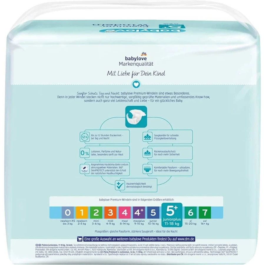 Babylove Premium diapers number 5+, 34 pcs