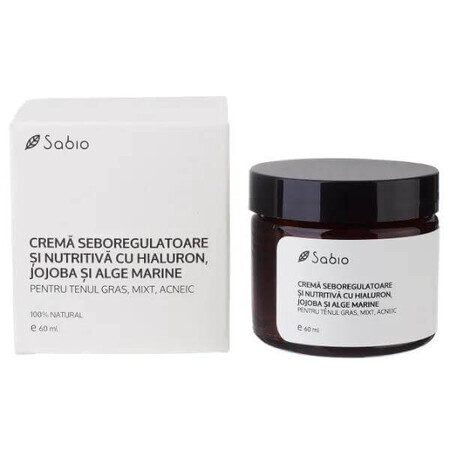 Crema seborreguladora para pieles grasas, mixtas y acnéicas con hialurón, jojoba y algas, 60 ml, Sabio