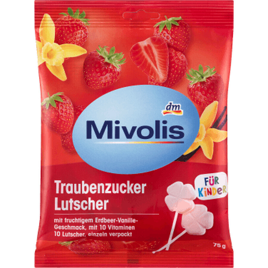 Mivolis Lecca lecca effervescenti Destrosio al gusto di fragola e vaniglia, 75 g