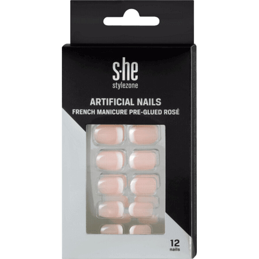 S-he colour&style Ongles artificiels rose français avec colle appliquée, 1 Set